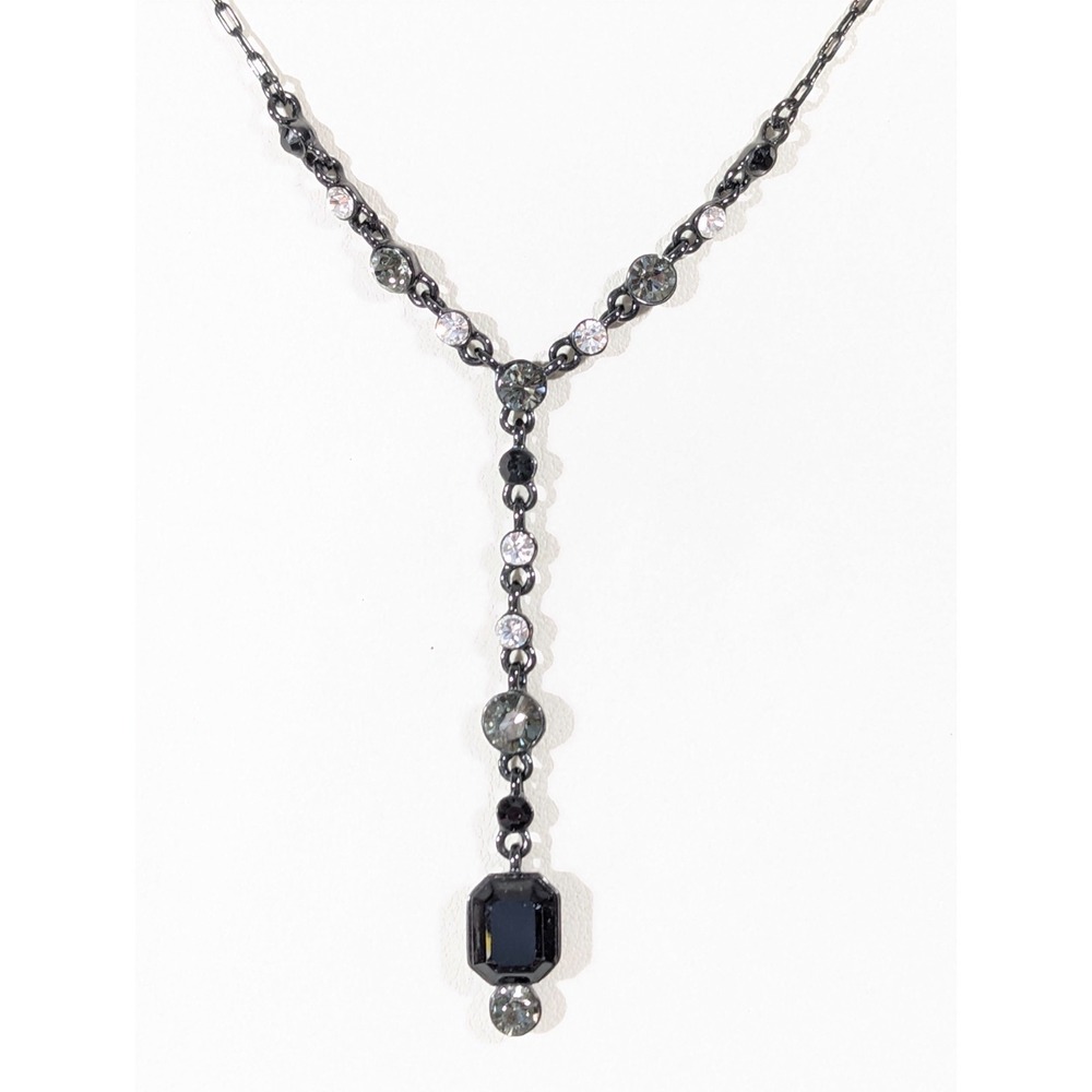 Givenchy Y Lariat Necklace Black Crystal Linear Gray Metallic 18 in